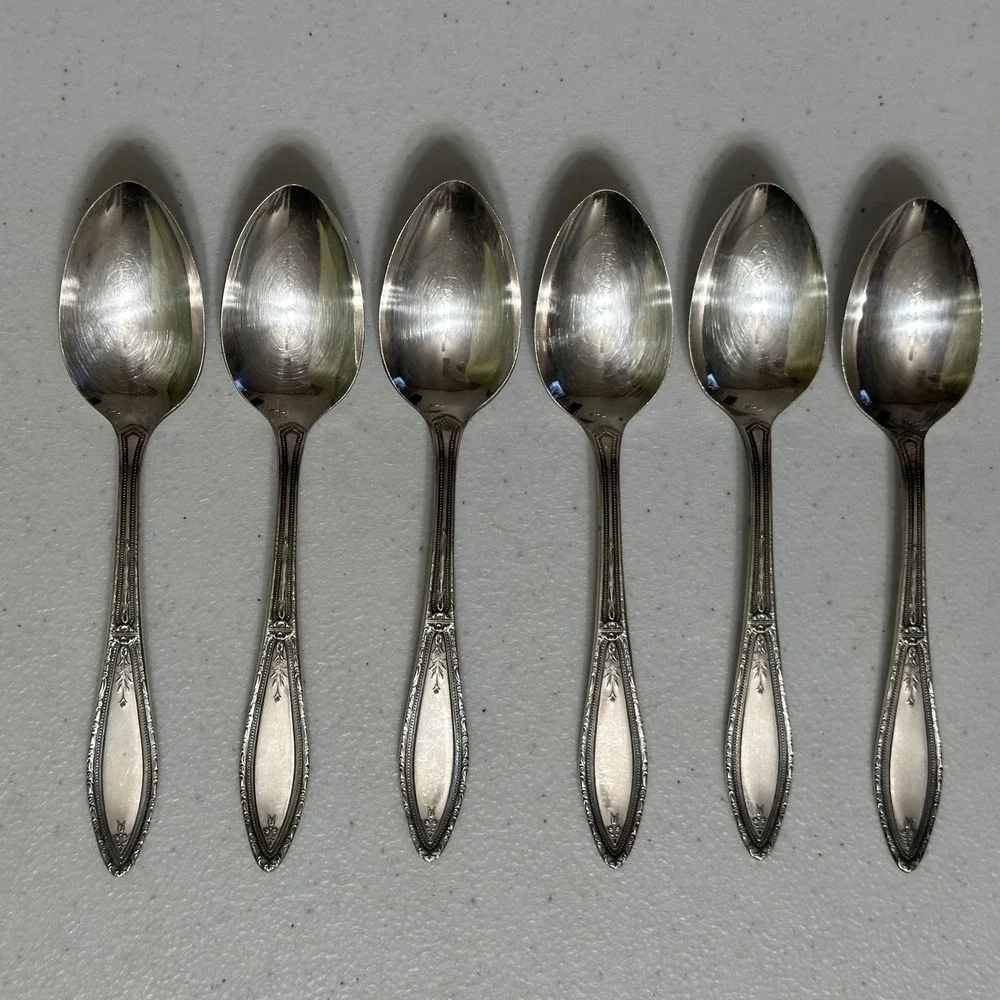 6 WM A Rogers A1 Mystic‎ Coronet Pattern Teaspoons Flatware Silverplate Vintage